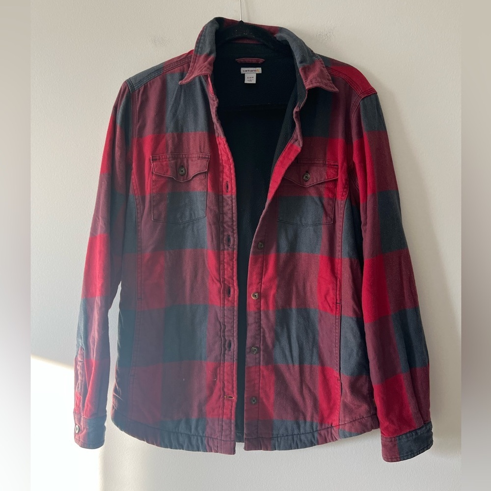 Carhartt Plaid Flannel Shirt Jacket Fleece Lined Button Up Red Black Size Small